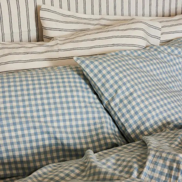 Warm Blue Gingham Linen Blend Pillowcase (Pair) Piglet