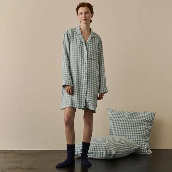 Warm Blue Gingham Linen Nightshirt Piglet