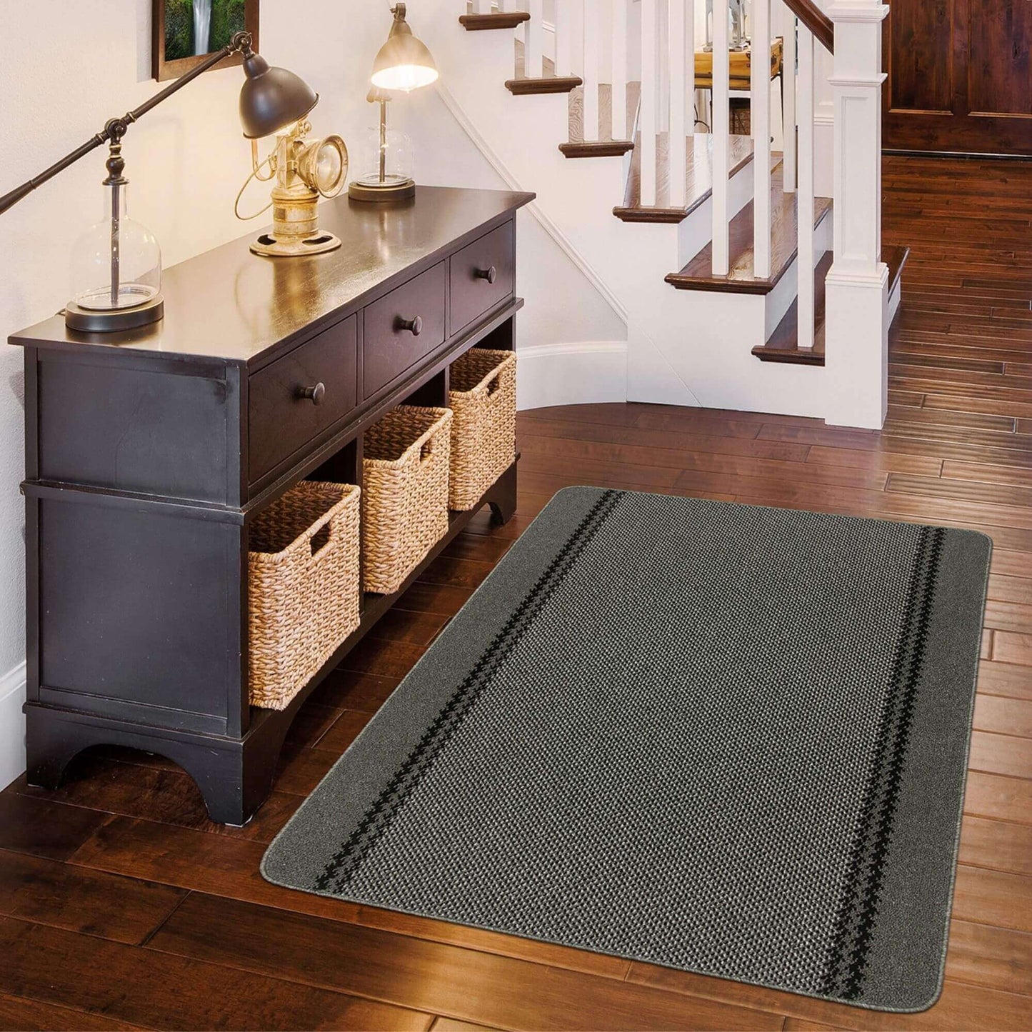 Washable Bordered Dark Grey Rug | 116D The Rugs