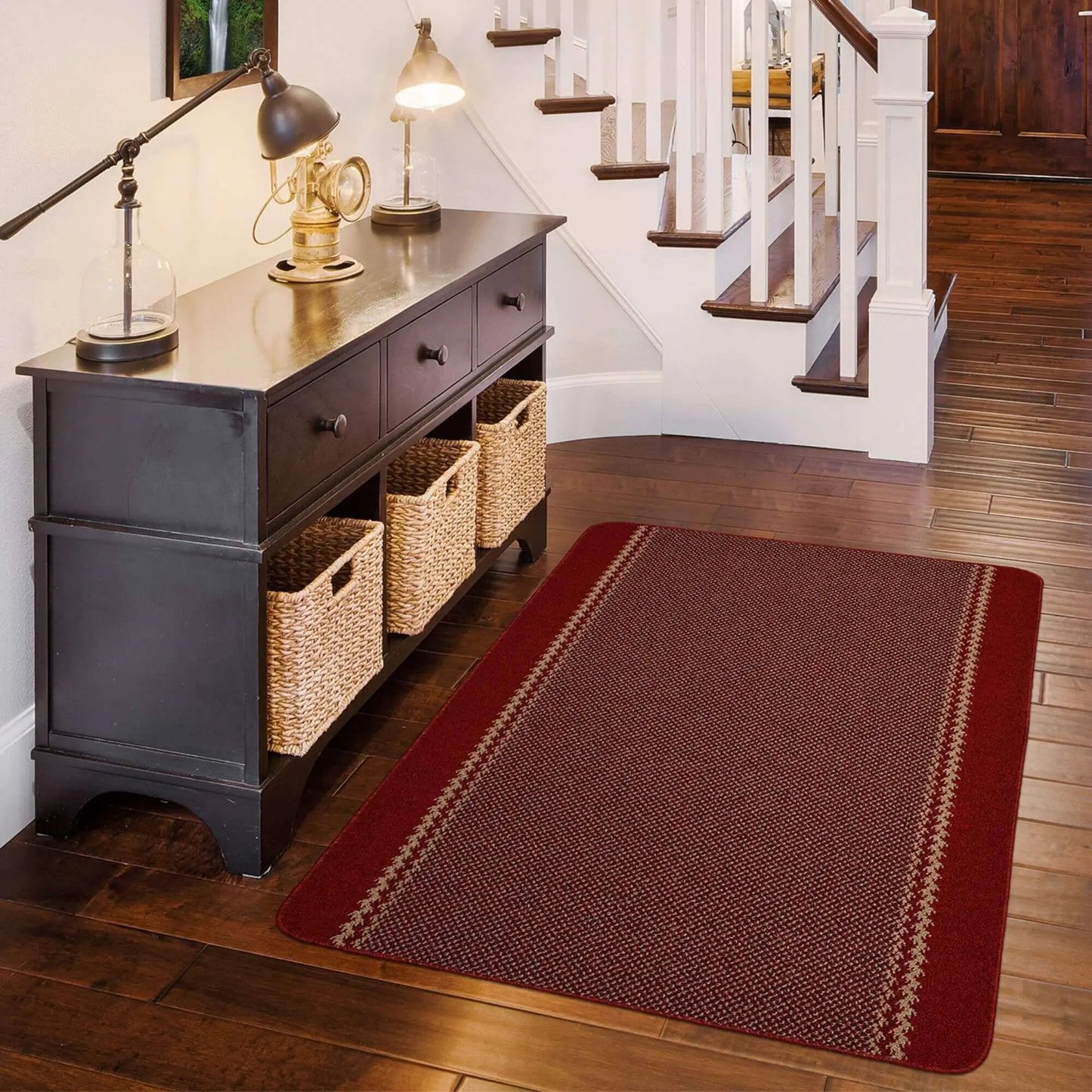 Washable Designer Bordered Red Rug | 116R The Rugs