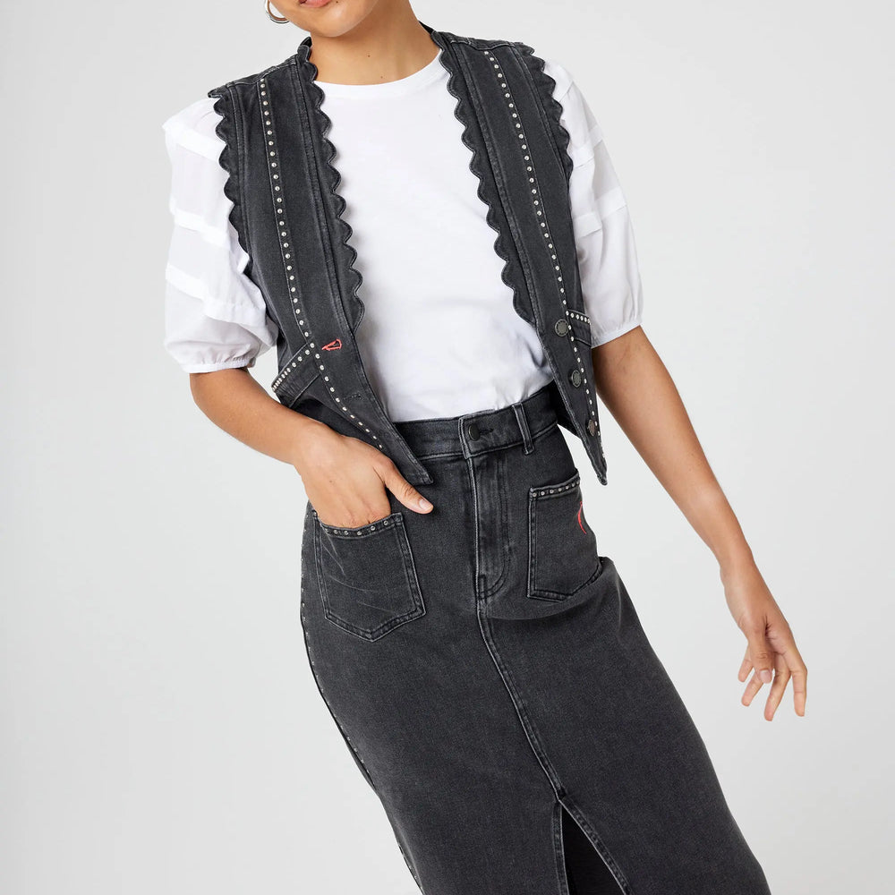 Washed Black Studded Denim Split Front Midi Skirt Scamp & Dude