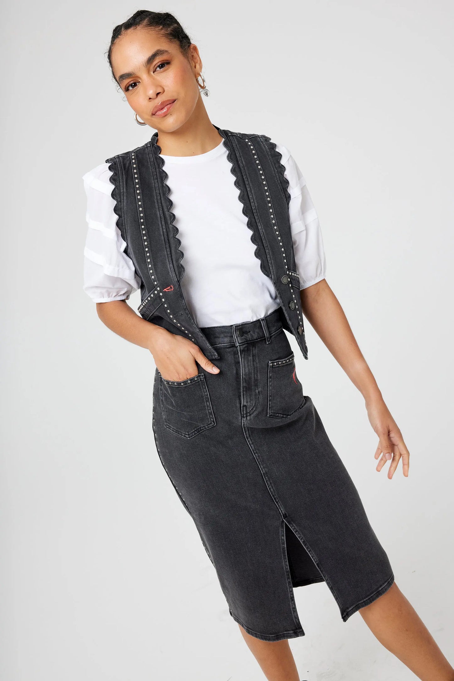 Washed Black Studded Denim Split Front Midi Skirt Scamp & Dude