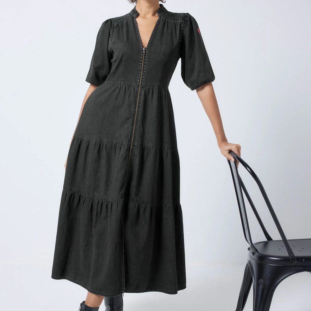 Washed Black Studded Zip Detail Tiered Midi Denim Dress Scamp & Dude