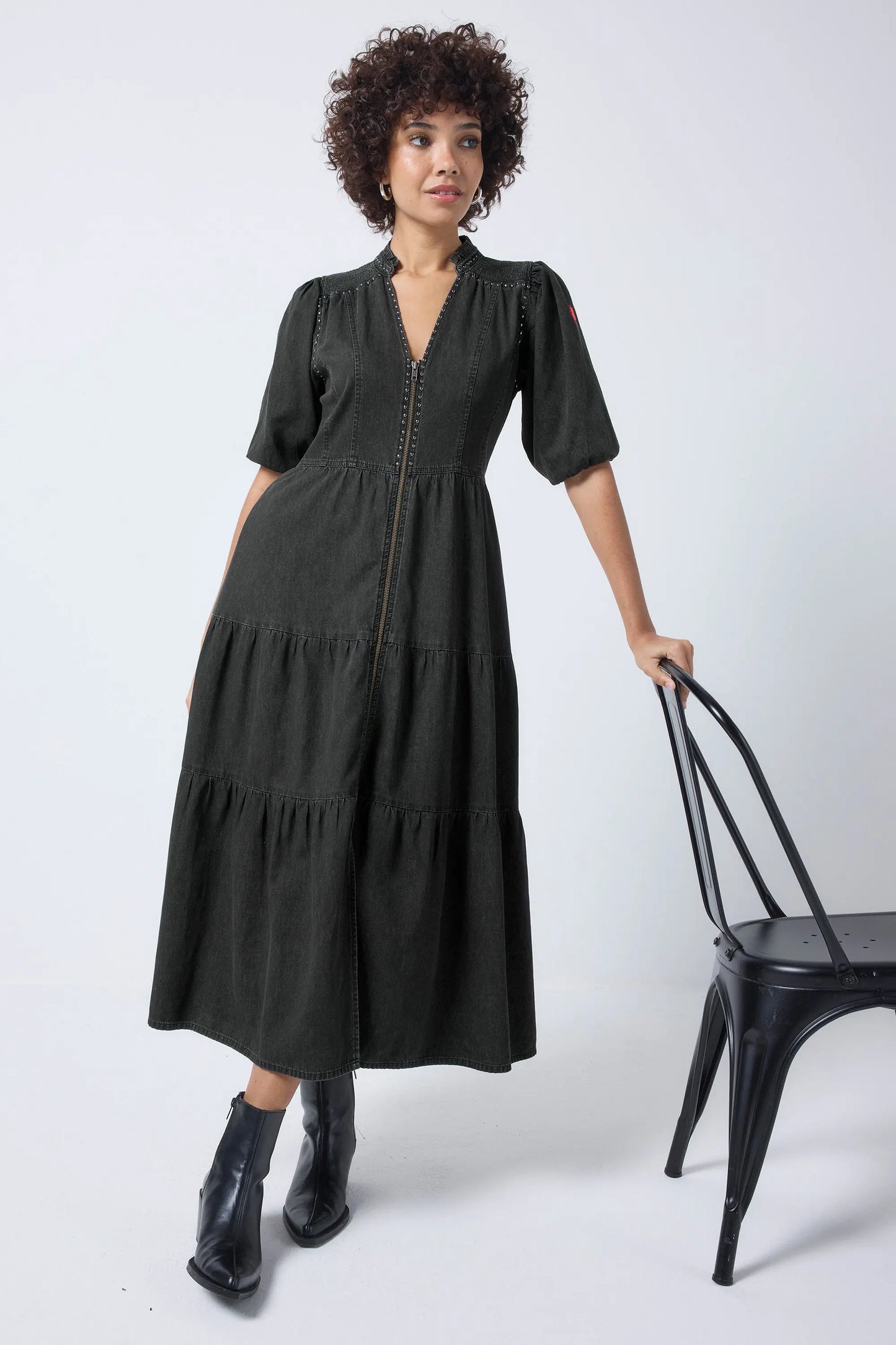Washed Black Studded Zip Detail Tiered Midi Denim Dress Scamp & Dude