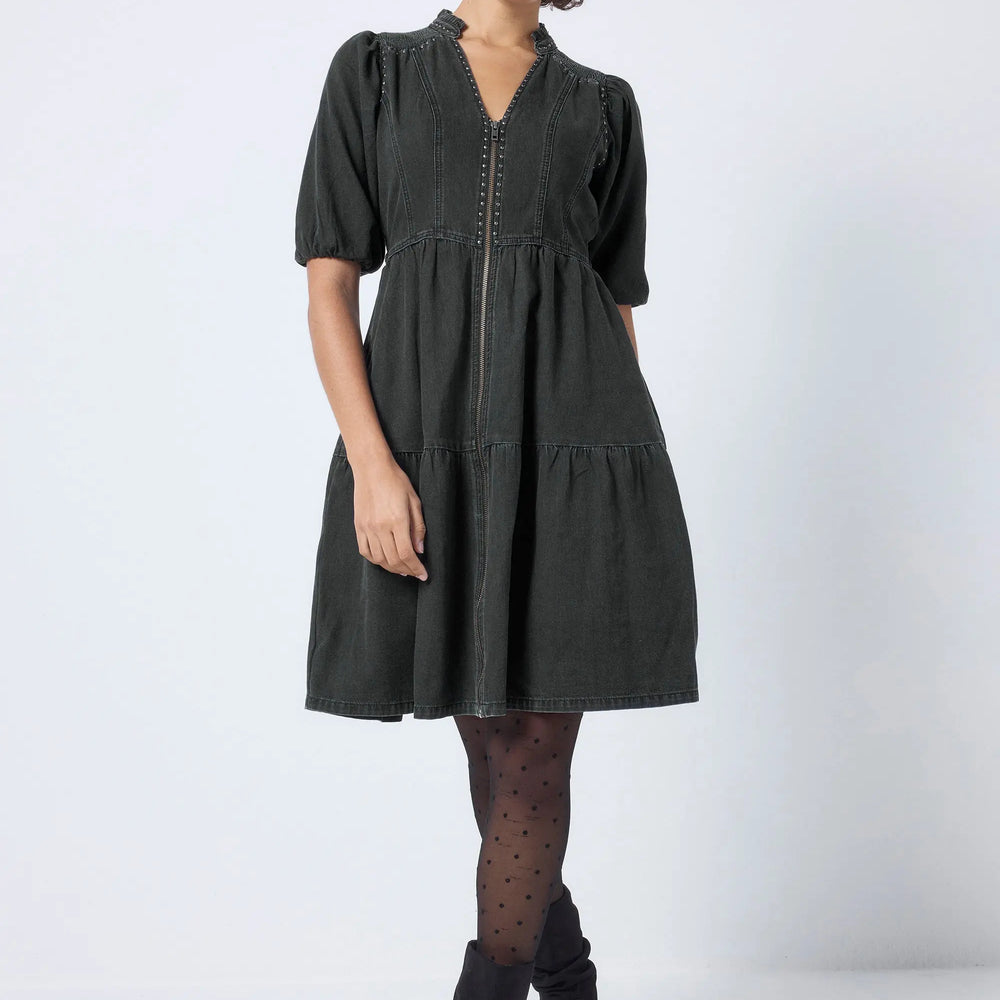 Washed Black Studded Zip Detail Tiered Short Denim Dress Scamp & Dude