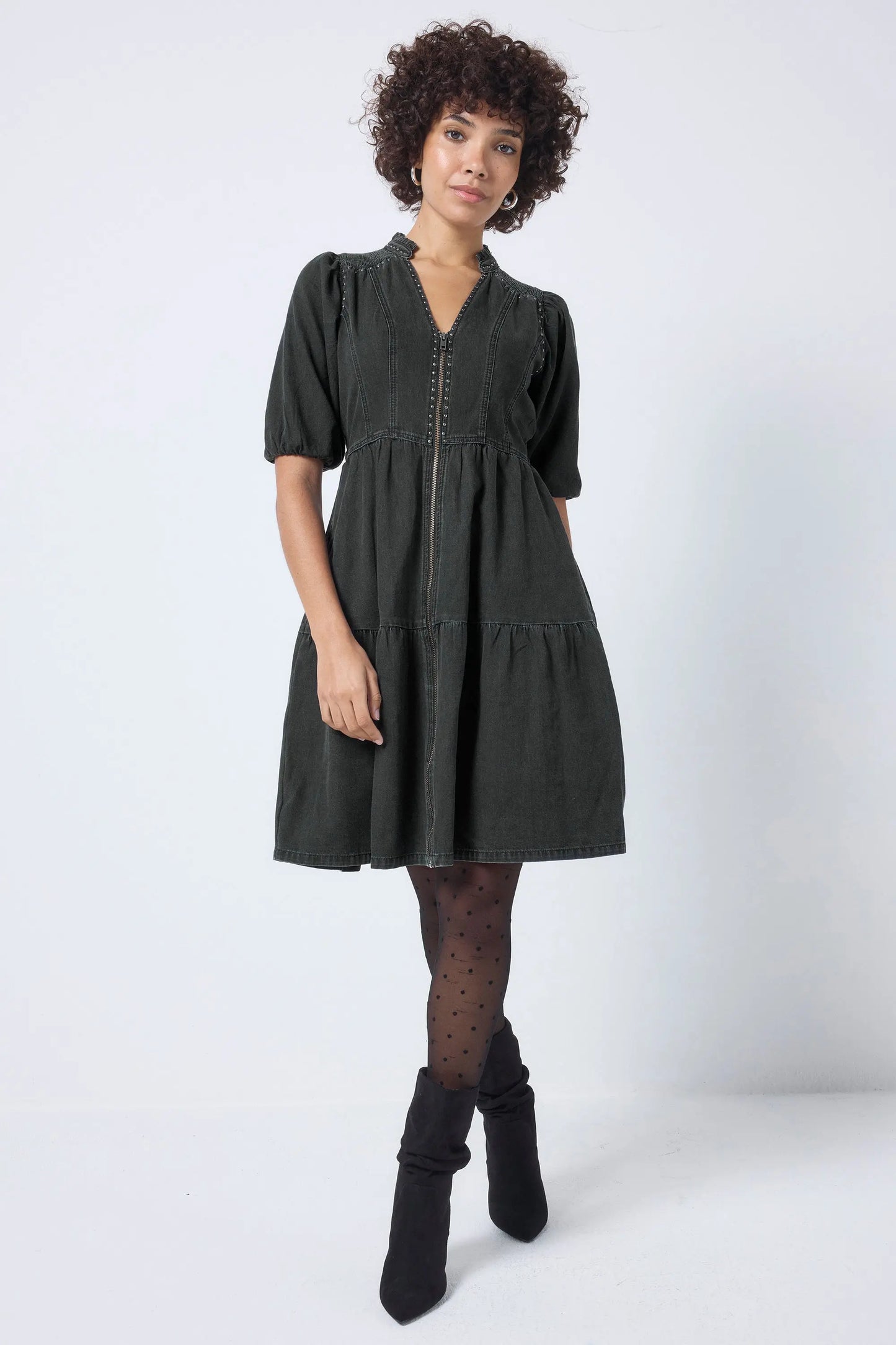 Washed Black Studded Zip Detail Tiered Short Denim Dress Scamp & Dude