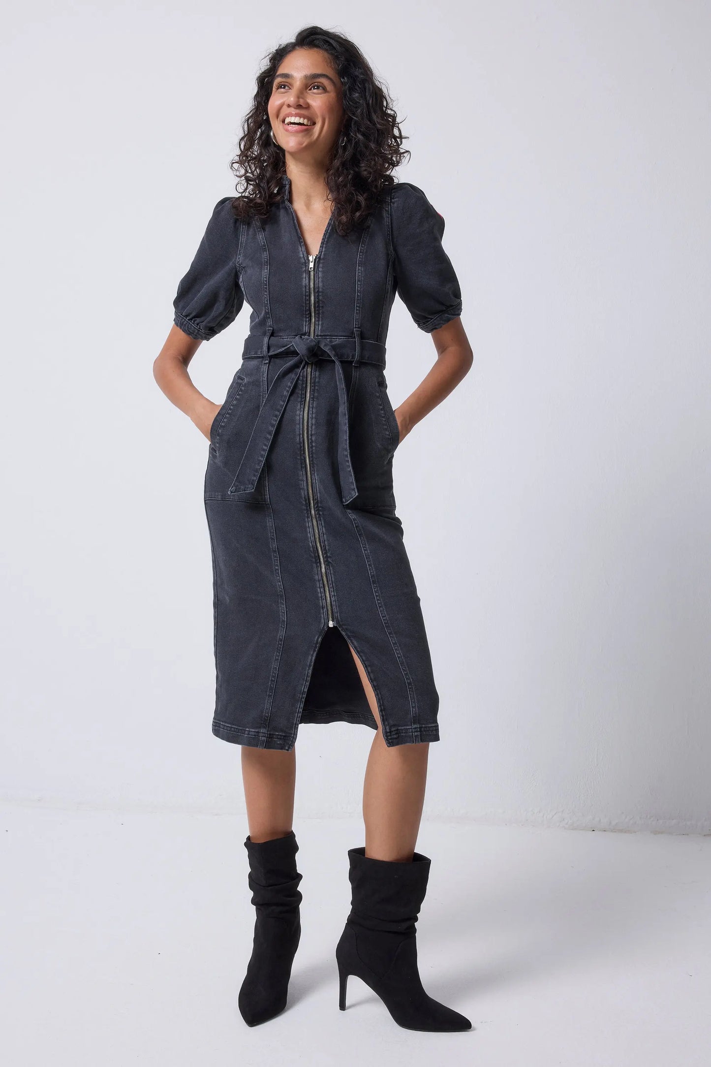 Washed Black Zip Detail Denim Dress Scamp & Dude