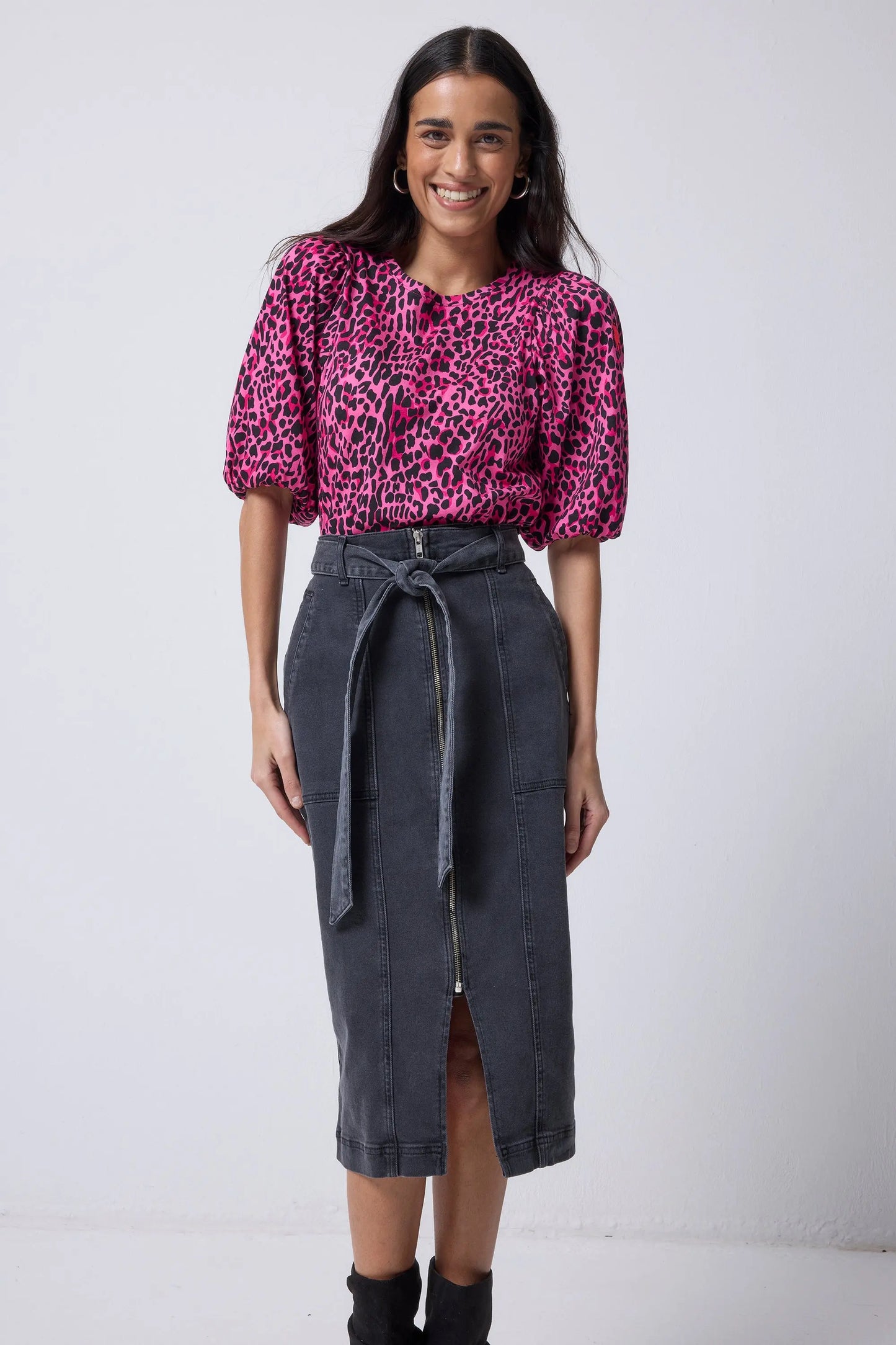 Washed Black Zip Detail Denim Midi Skirt Scamp & Dude