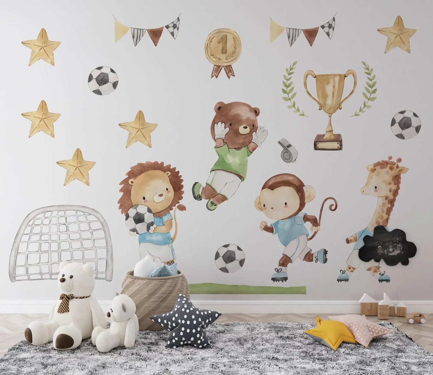 Watercolor Football Animals Nursery Wall Decals | Bear, Monkey, Giraffe, Lion Playing Soccer | Kids Room Decor | Peel and Stick Wall Art ClickWalls