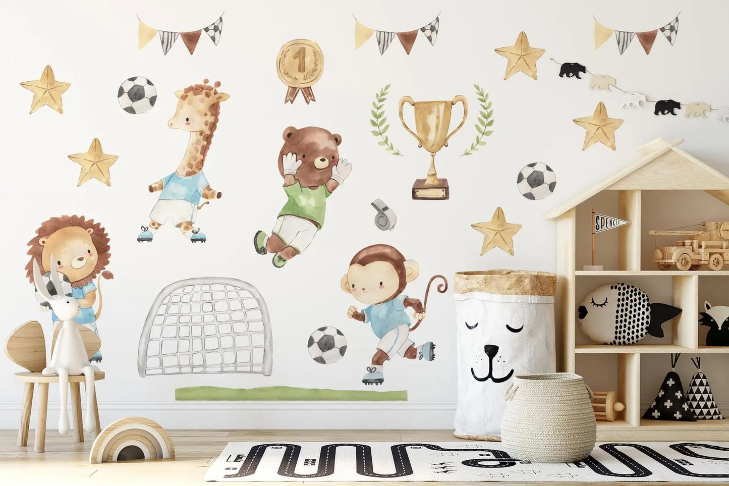 Watercolor Football Animals Nursery Wall Decals | Bear, Monkey, Giraffe, Lion Playing Soccer | Kids Room Decor | Peel and Stick Wall Art ClickWalls