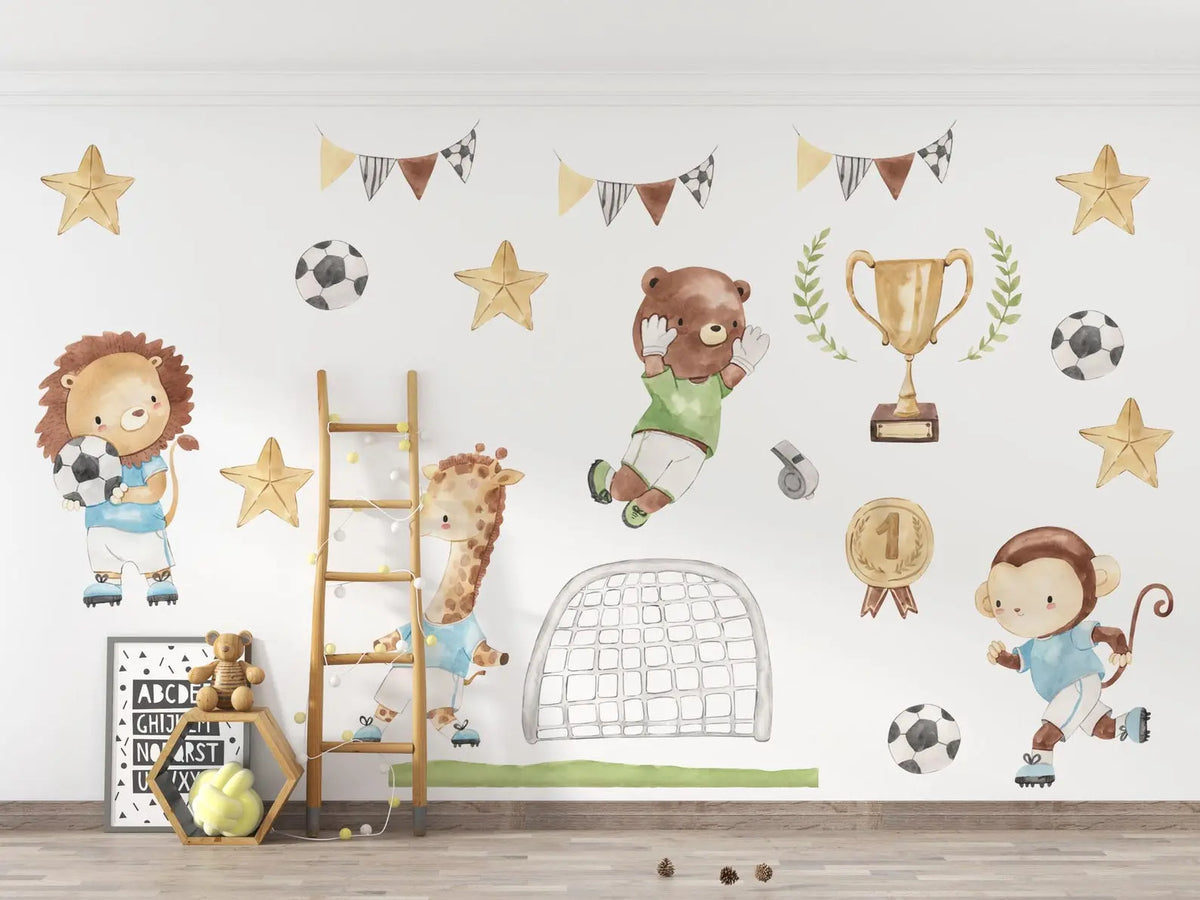 Watercolor Football Animals Nursery Wall Decals | Bear, Monkey, Giraffe, Lion Playing Soccer | Kids Room Decor | Peel and Stick Wall Art ClickWalls