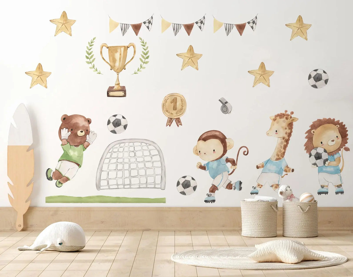 Watercolor Football Animals Nursery Wall Decals | Bear, Monkey, Giraffe, Lion Playing Soccer | Kids Room Decor | Peel and Stick Wall Art ClickWalls