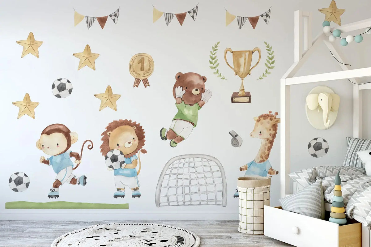 Watercolor Football Animals Nursery Wall Decals | Bear, Monkey, Giraffe, Lion Playing Soccer | Kids Room Decor | Peel and Stick Wall Art ClickWalls