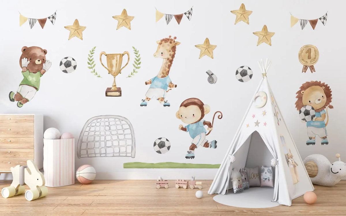 Watercolor Football Animals Nursery Wall Decals | Bear, Monkey, Giraffe, Lion Playing Soccer | Kids Room Decor | Peel and Stick Wall Art ClickWalls