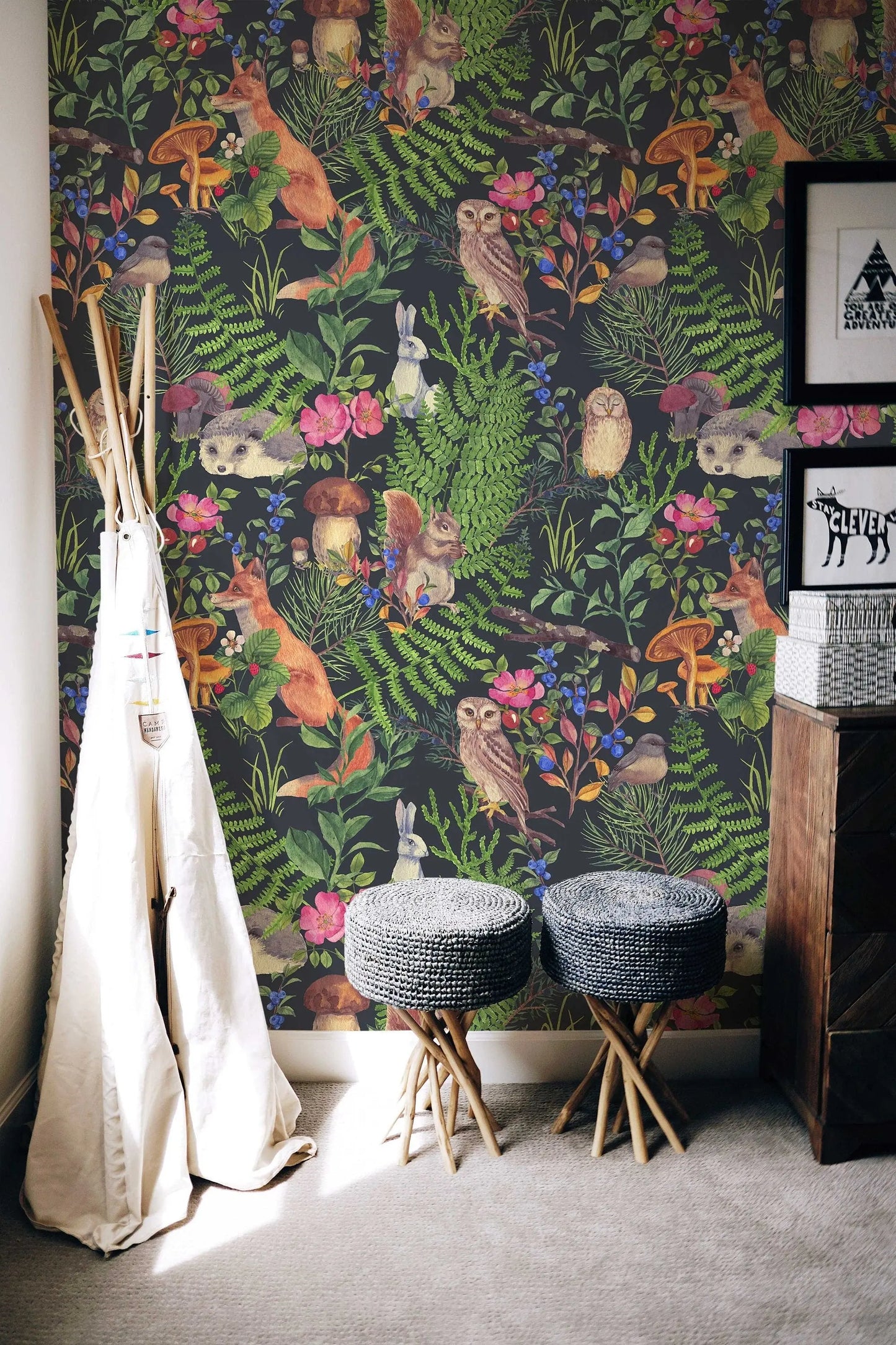 Watercolor Forest Animals and Plants Self Adhesive Wallpaper | Peel and Stick Wall Decor | Woodland Cute Animals Design ClickWalls