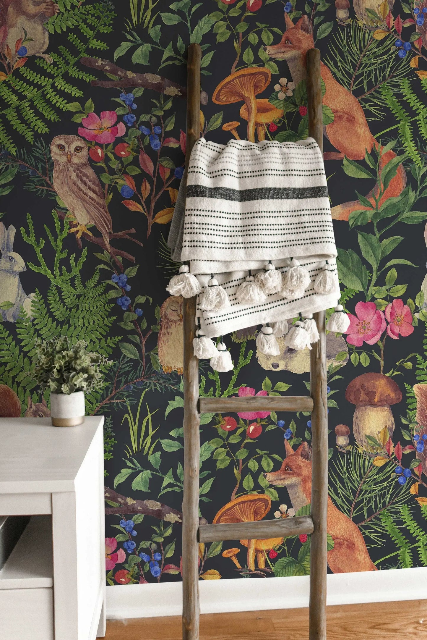 Watercolor Forest Animals and Plants Self Adhesive Wallpaper | Peel and Stick Wall Decor | Woodland Cute Animals Design ClickWalls