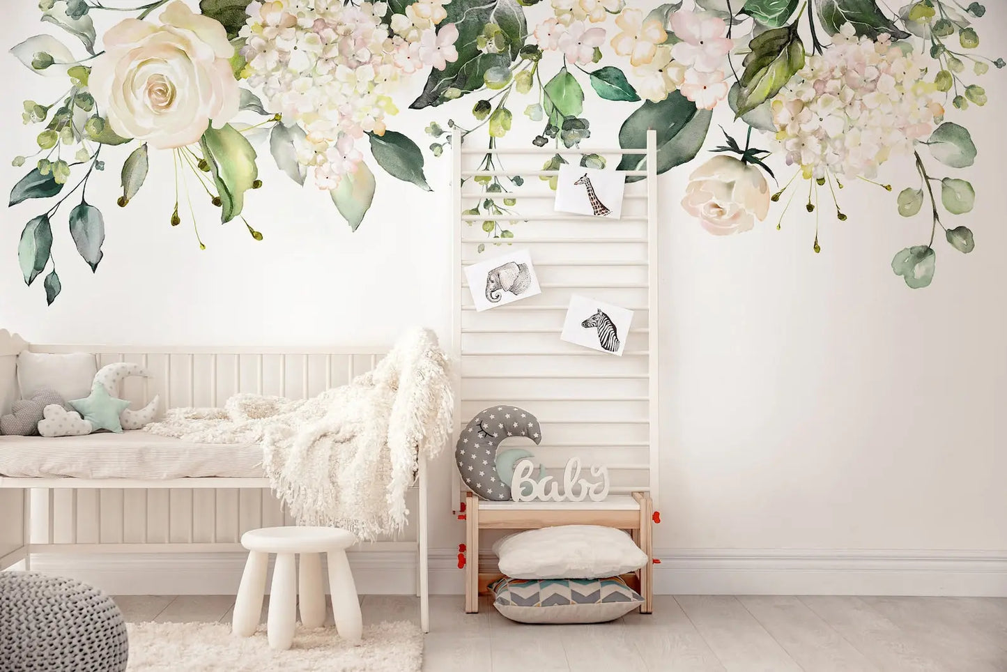 Watercolor White Floral Wall Decal | Soft Bouquet Wall Mural | Nursery Flowers Art Print ClickWalls