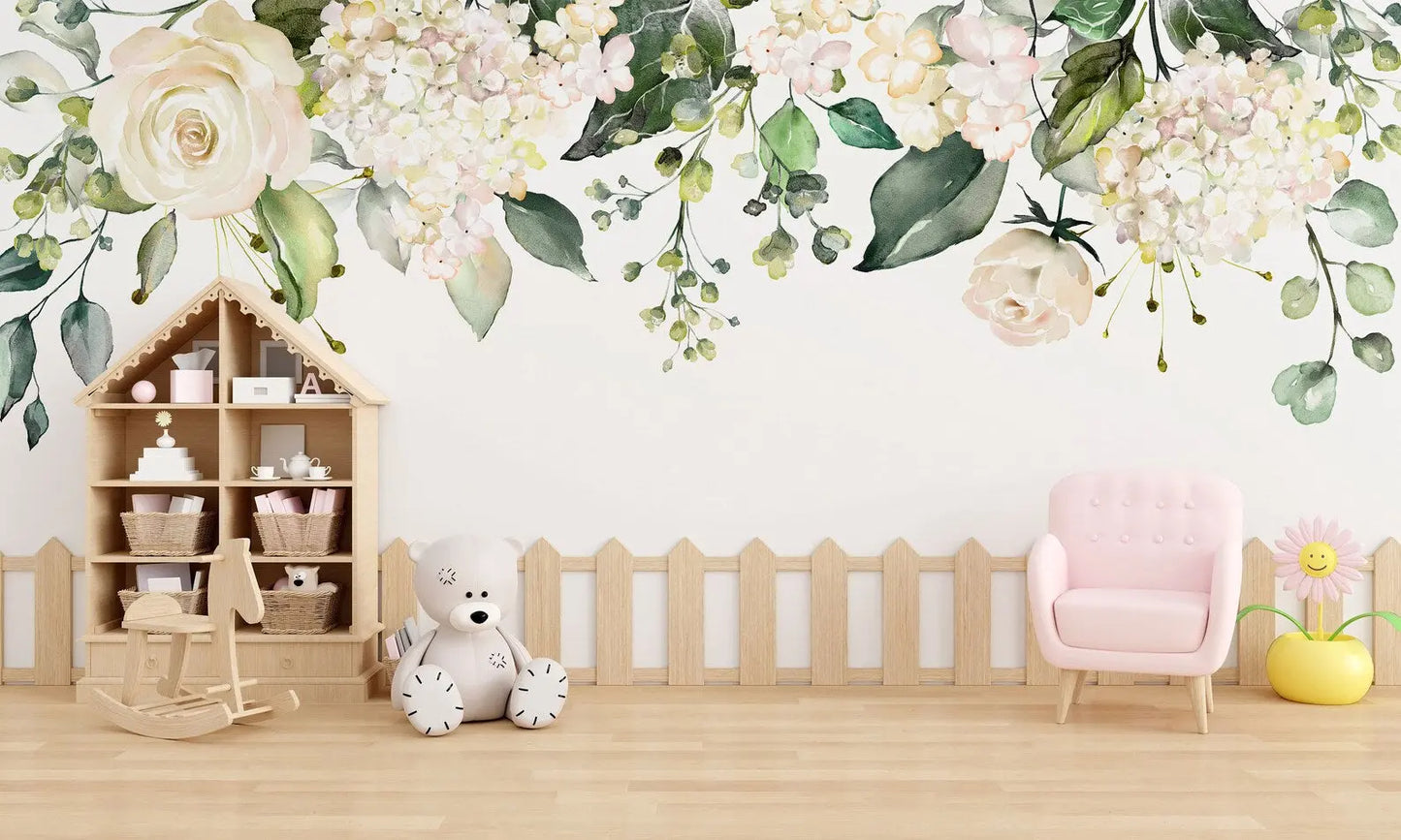 Watercolor White Floral Wall Decal | Soft Bouquet Wall Mural | Nursery Flowers Art Print ClickWalls