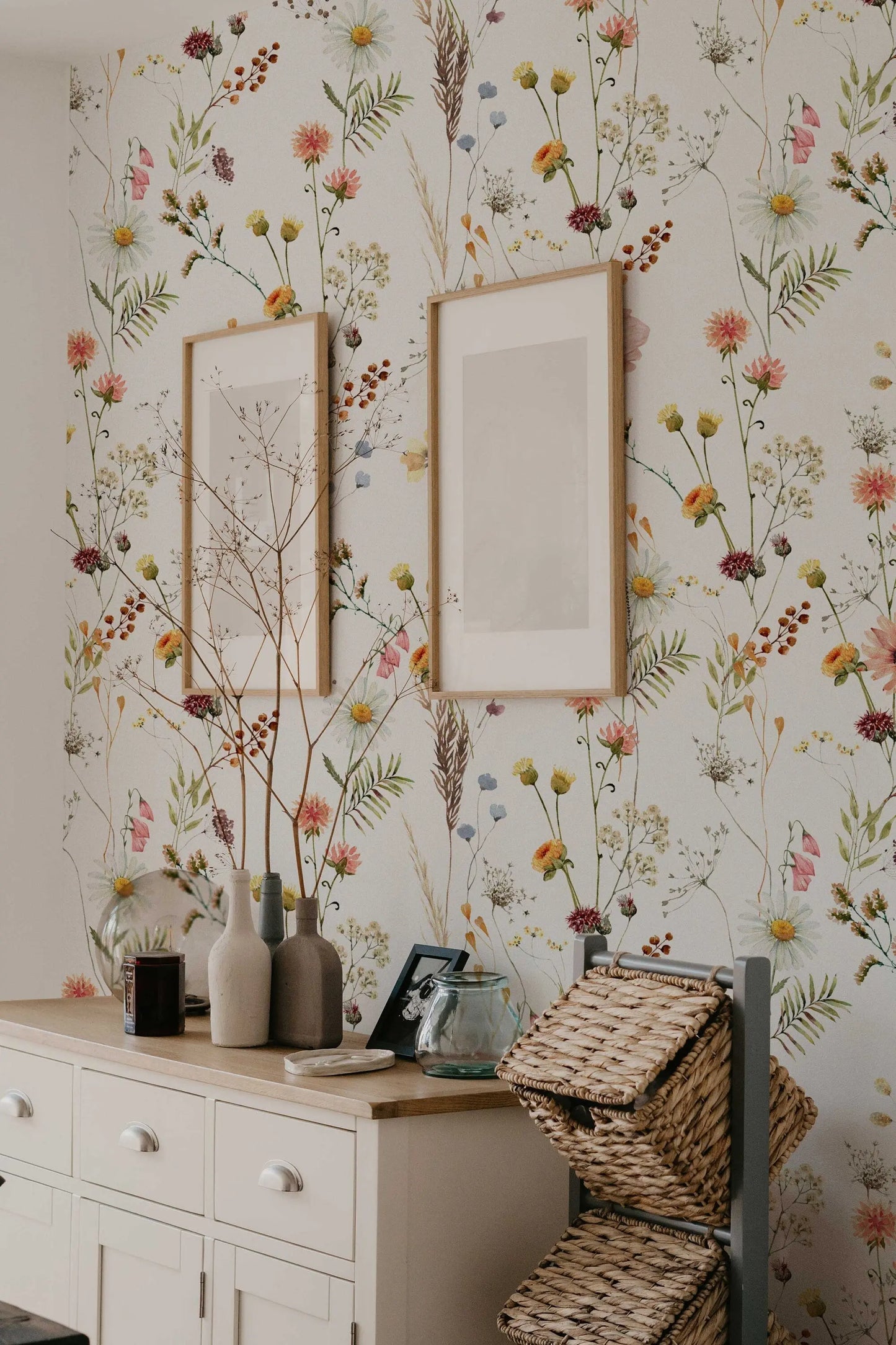 Watercolor Wild Flower Wallpaper | Soft Botanical Field Floral Wall Mural | Peel and Stick Little Florals with Grass Wallpaper ClickWalls