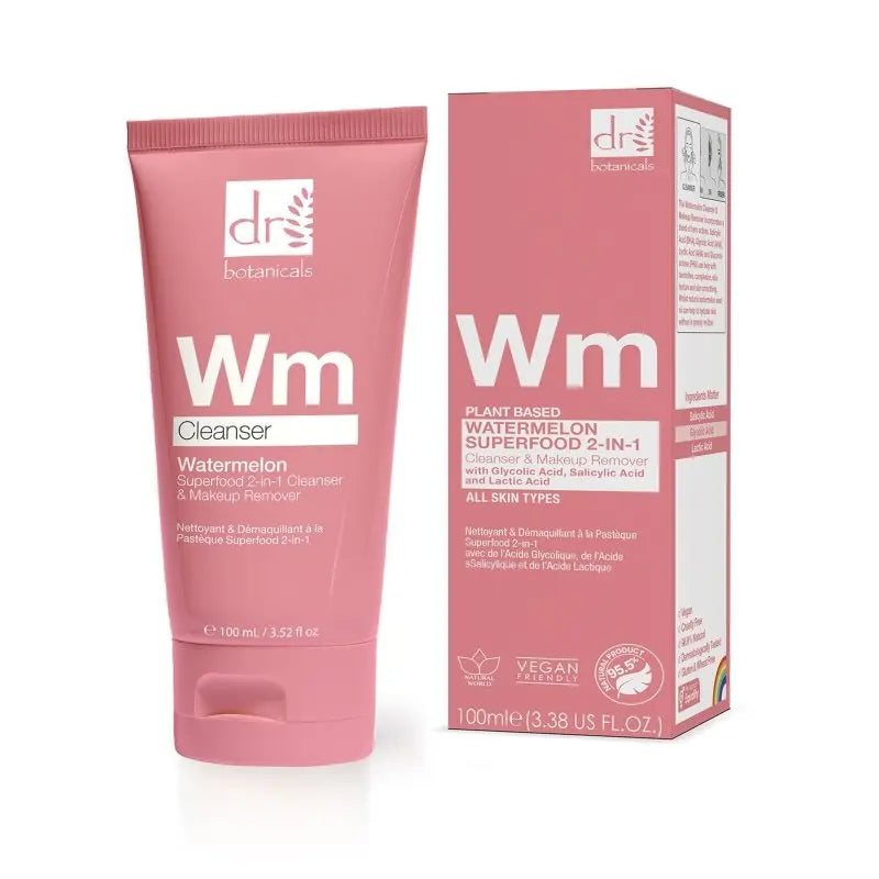 Watermelon Superfood 2-in-1 Cleanser & Makeup Remover with Glycolic Acid, Salicylic Acid and Lactic Acid 100ml Dr Botanicals