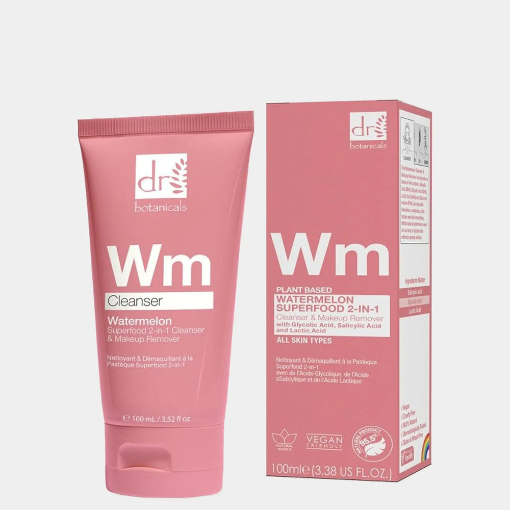 Watermelon Superfood 2-in-1 Cleanser & Makeup Remover with Glycolic Acid, Salicylic Acid and Lactic Acid 100ml Dr Botanicals