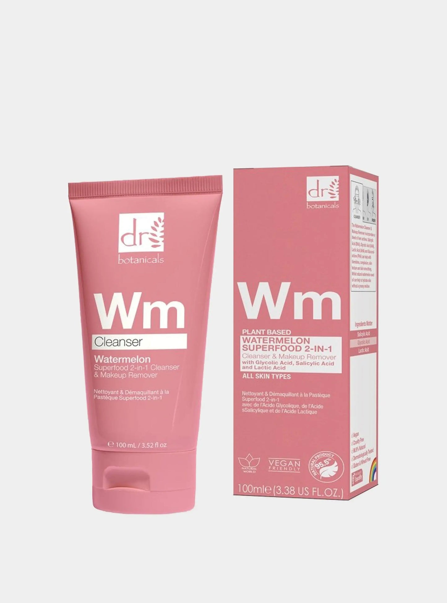 Watermelon Superfood 2-in-1 Cleanser & Makeup Remover with Glycolic Acid, Salicylic Acid and Lactic Acid 100ml Dr Botanicals