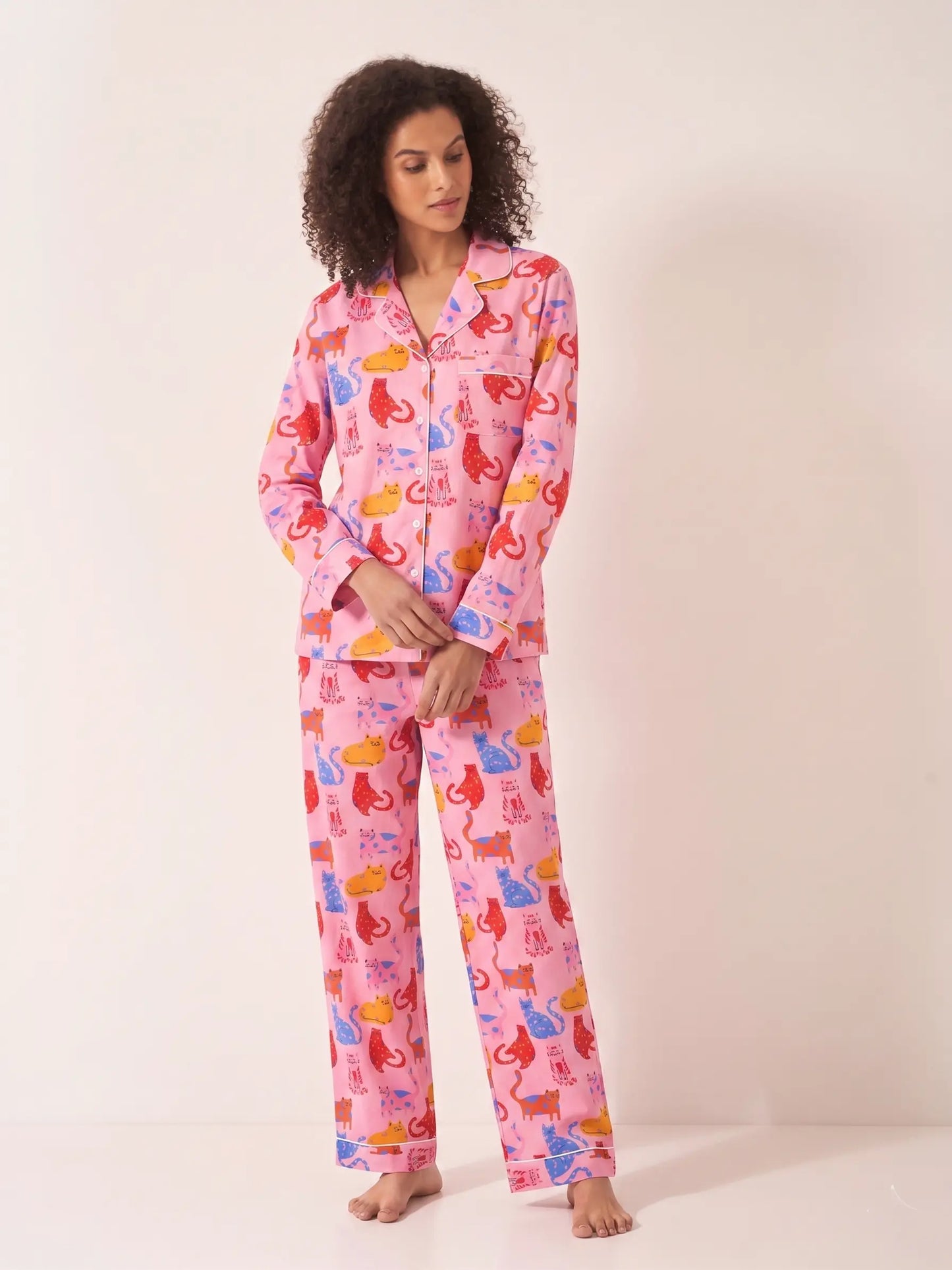 Whimsical Happy Cats Women's Long Sleeve Cotton Pyjama Trouser Set Myza
