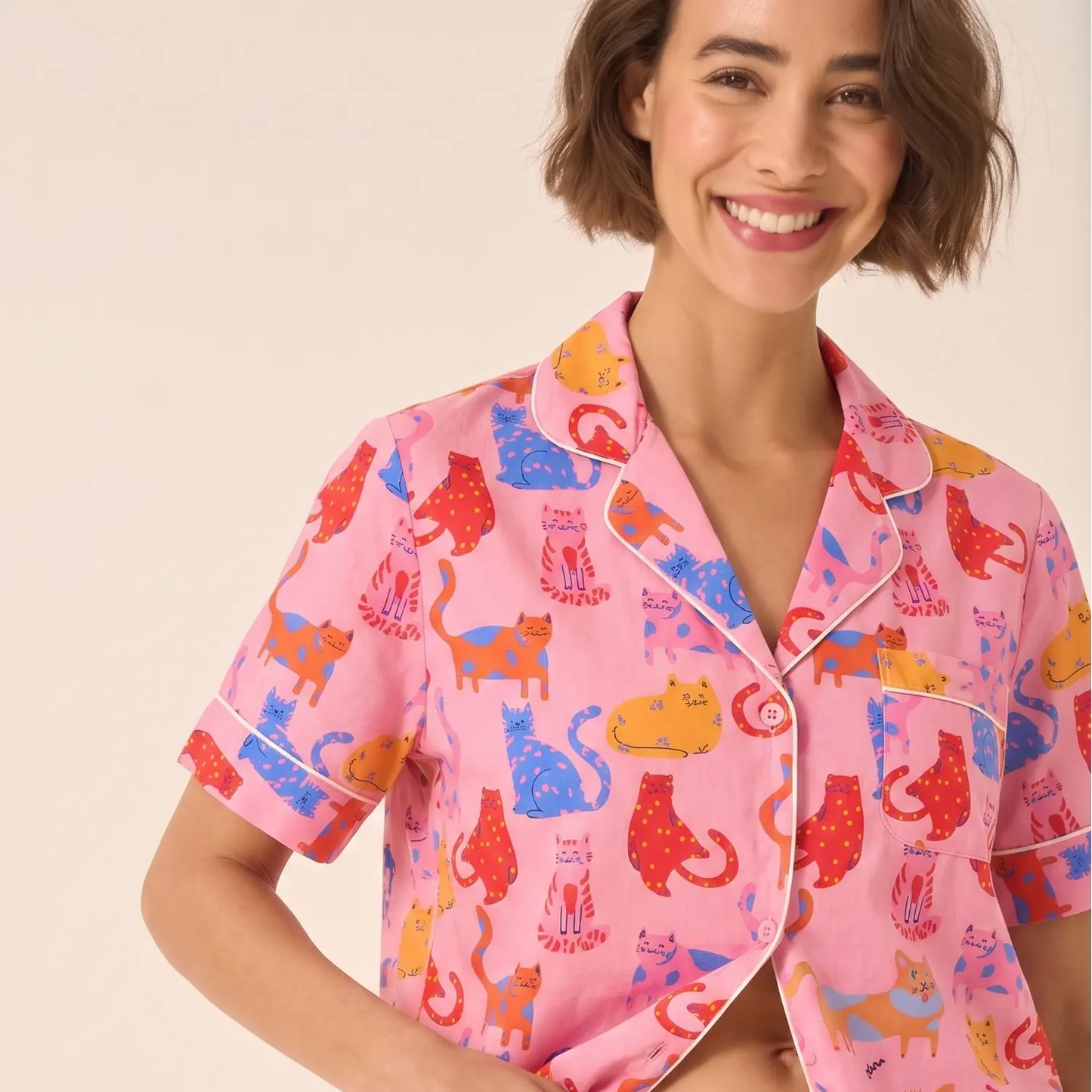 Whimsical Happy Cats Women's Short Sleeve Cotton Pyjama Short Set Myza