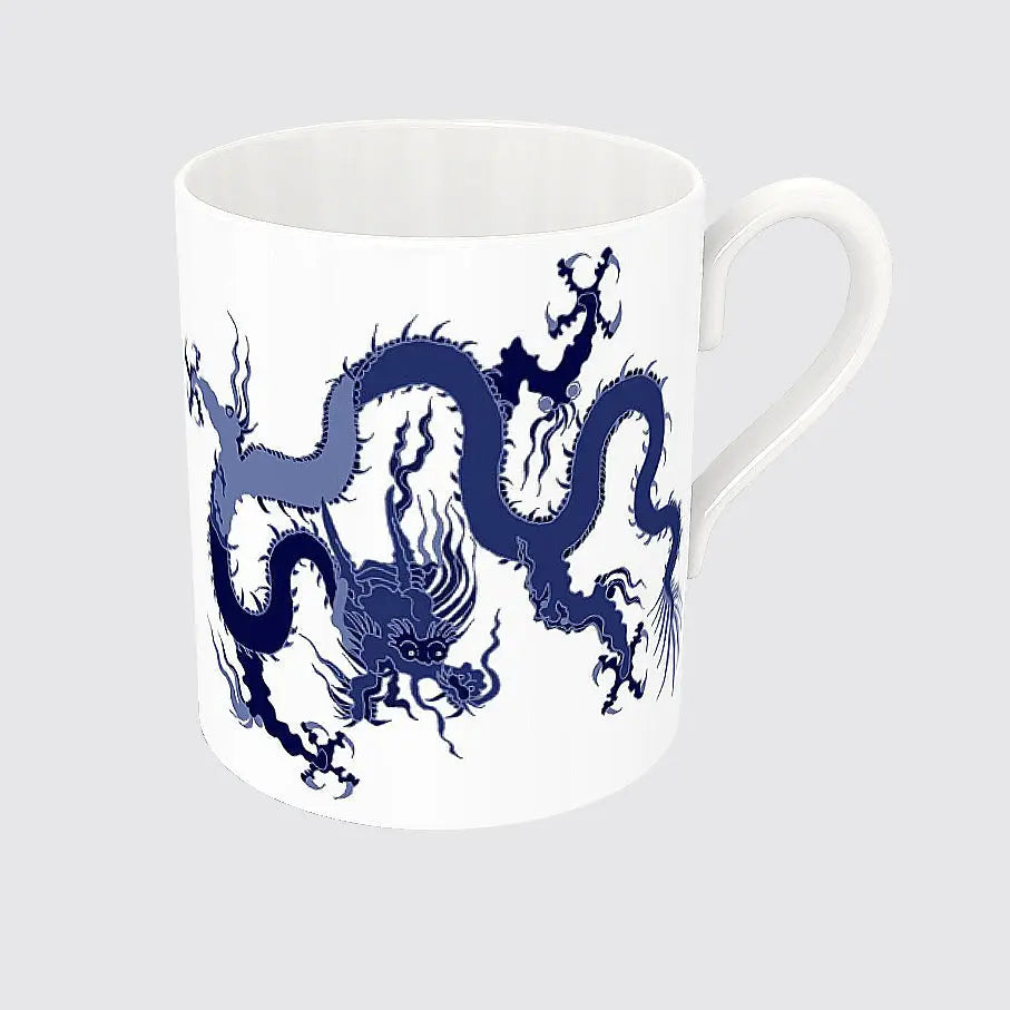 White Bone China Mug with Blue Dragon Long Studio Design