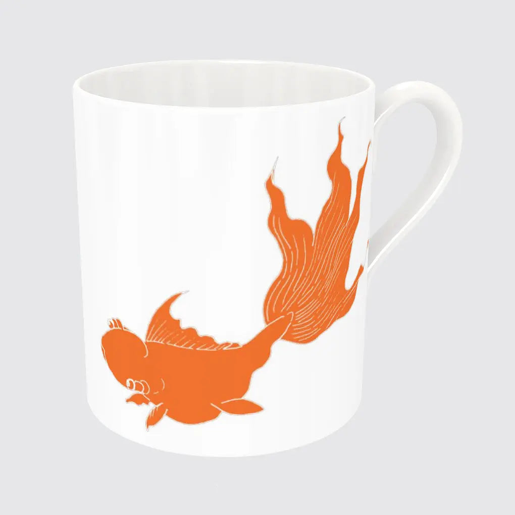 White Bone China Mug with Orange Koi Fish Long Studio Design