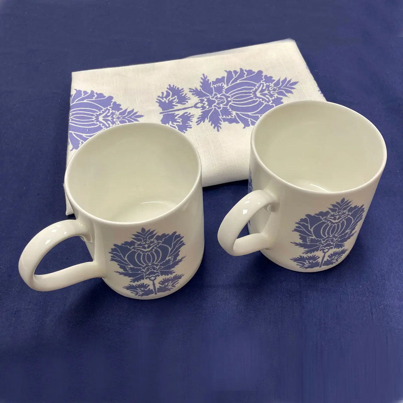 White Bone China Mug with Peri Blue Suzani Flower Long Studio Design