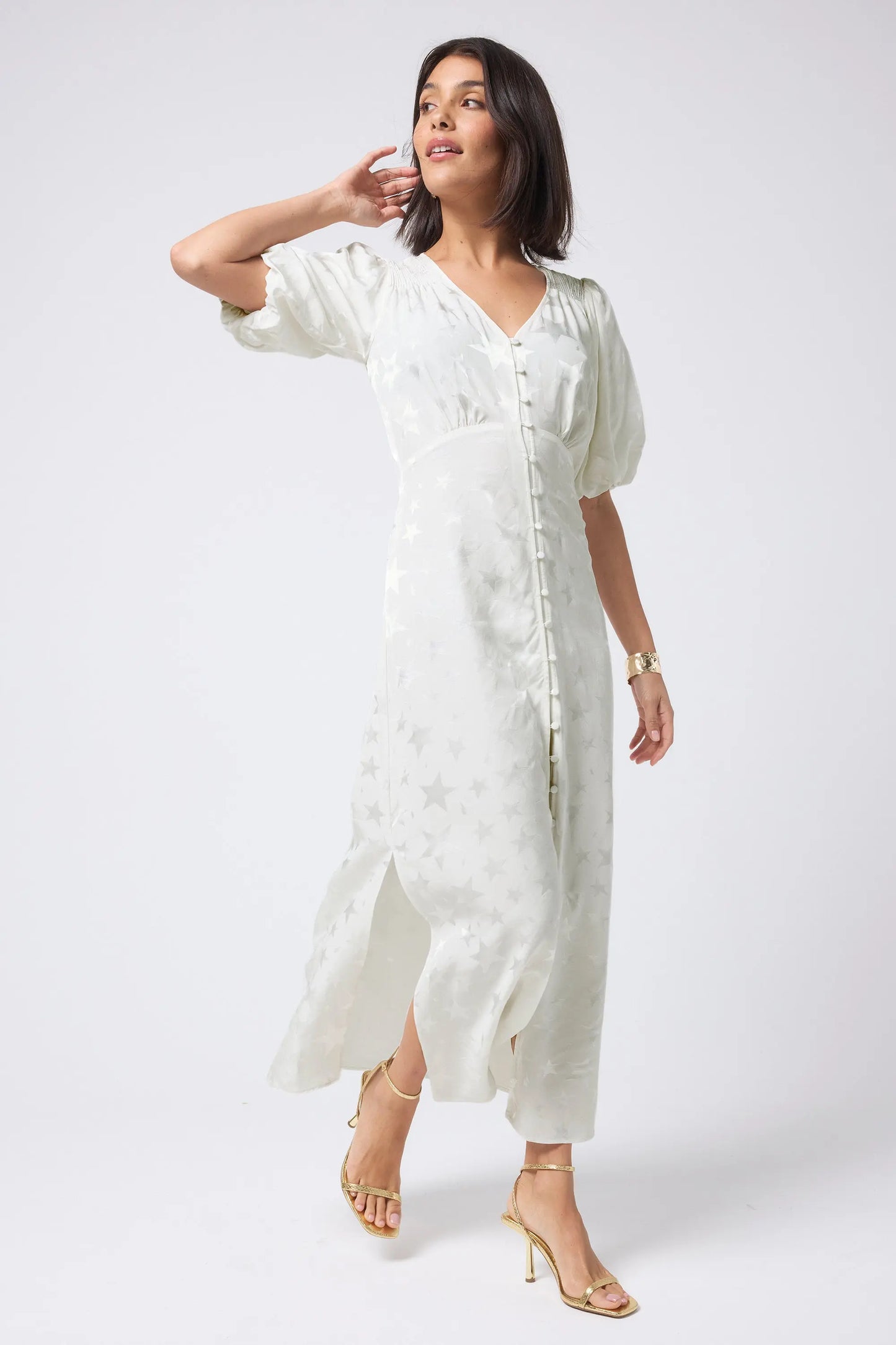 White Jacquard Star Puff Sleeve Midi Tea Dress Scamp & Dude