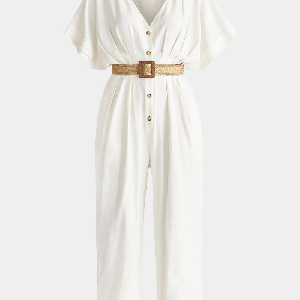 White Linen Blend Button Jumpsuit Paisie