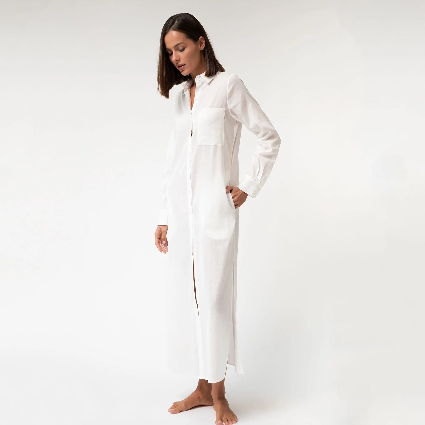 White Linen Voile Button-Down Long Shirt Dress NOKAYA