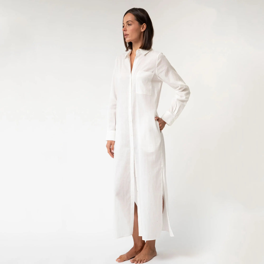 White Linen Voile Button-Down Long Shirt Dress NOKAYA