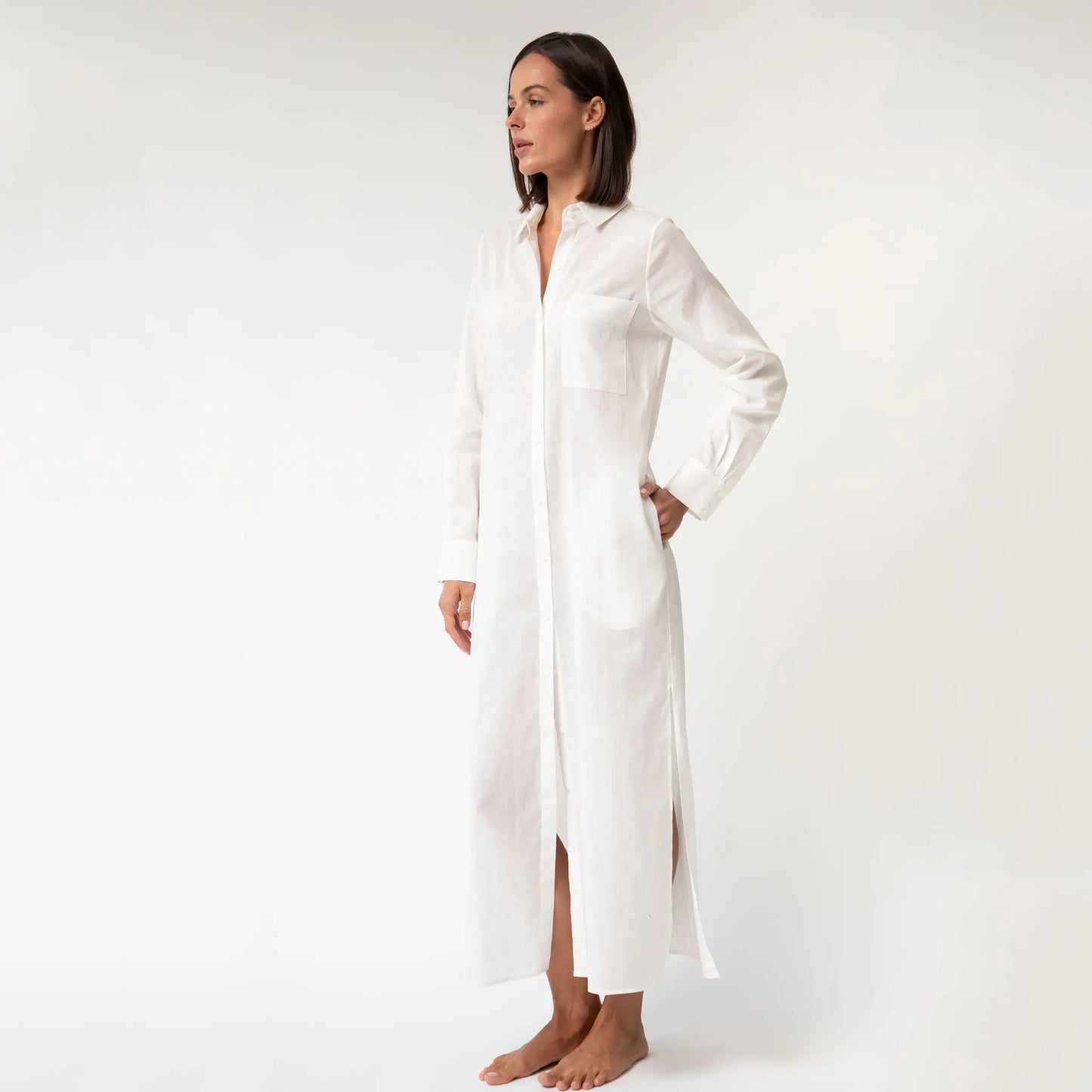 White Linen Voile Button-Down Long Shirt Dress NOKAYA