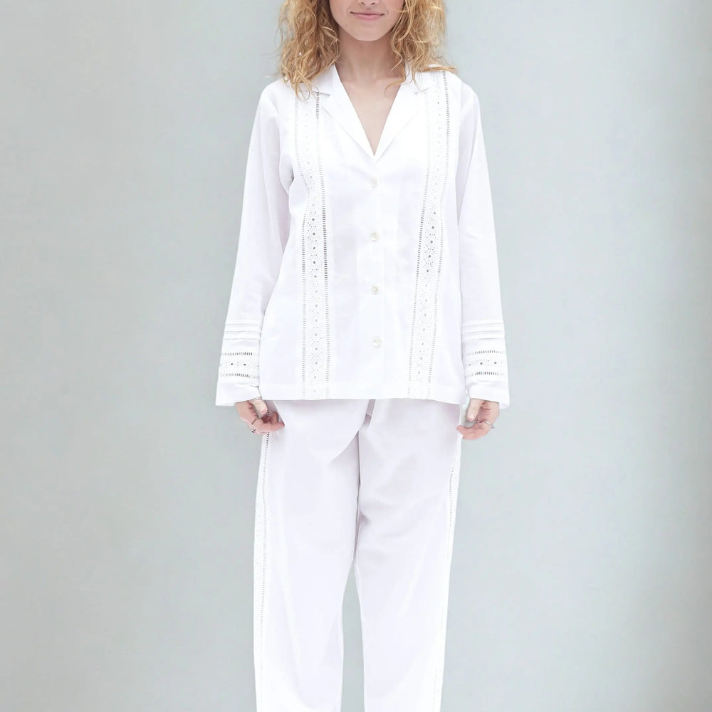 White Salvador Matching Set With Trim Long Sleeve Pyjamas AMOKA DALO