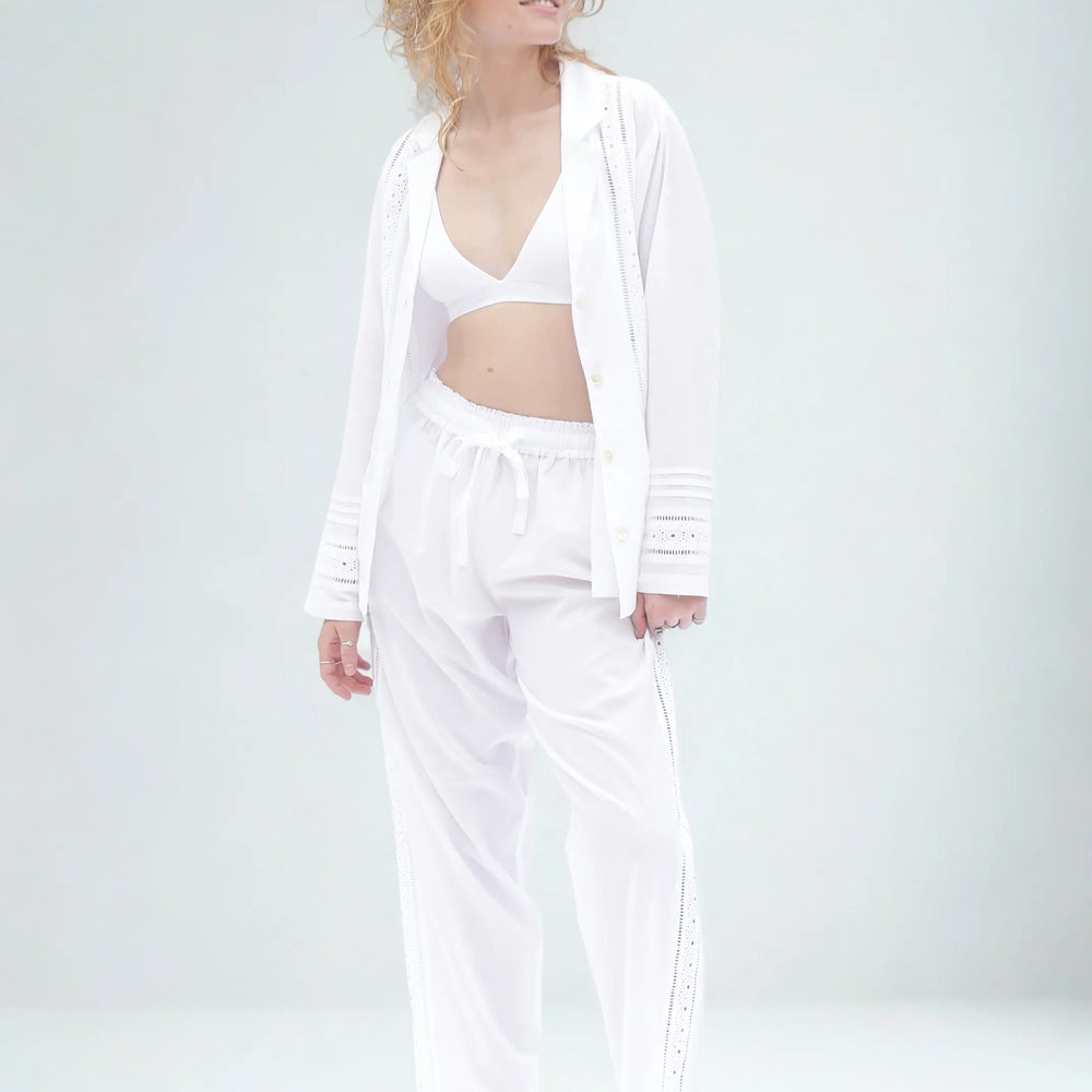 White Salvador Matching Set With Trim Long Sleeve Pyjamas AMOKA DALO