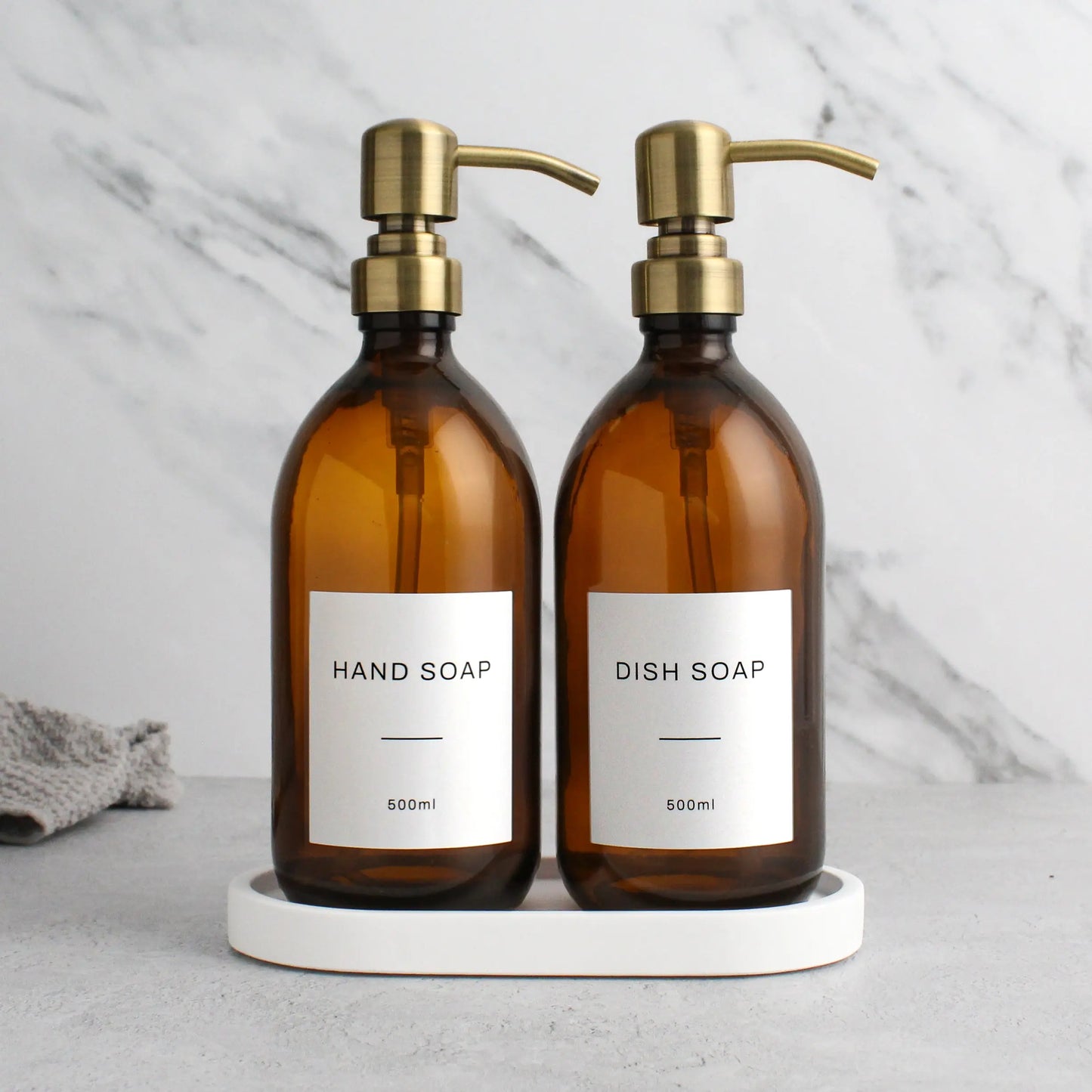 White Tray & Amber Glass Dispenser Double Set Namie Home