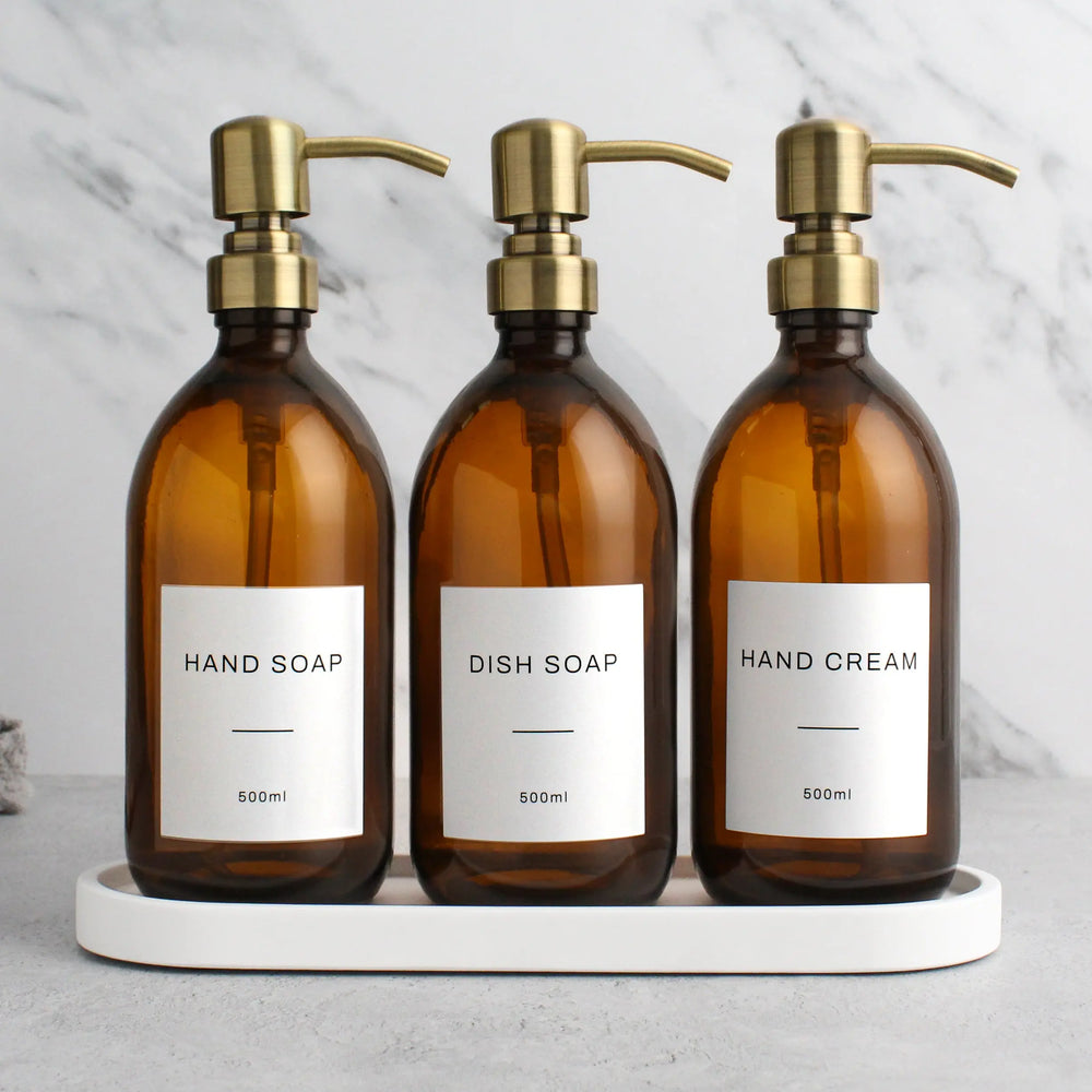 White Tray & Amber Glass Dispenser Triple Set Namie Home