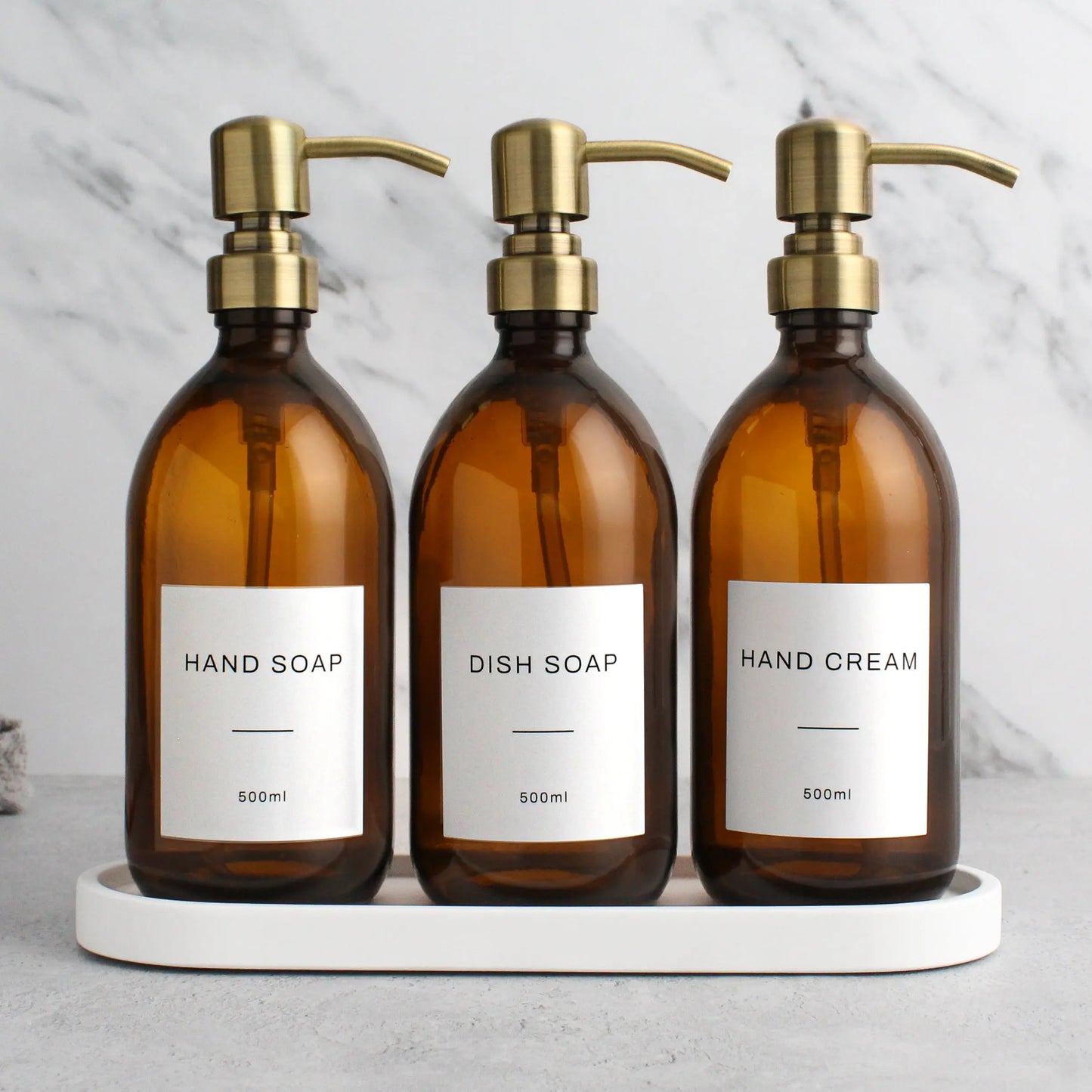 White Tray & Amber Glass Dispenser Triple Set Namie Home