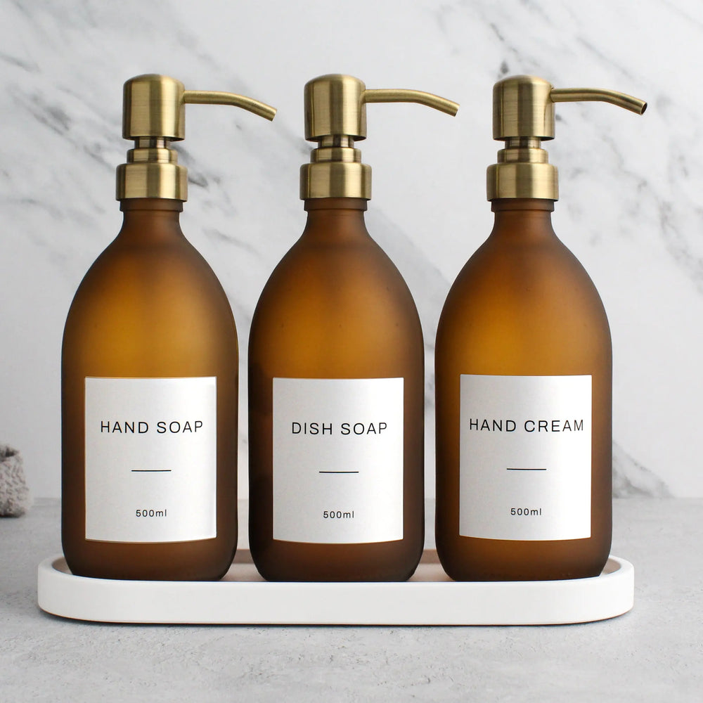 White Tray & Frosted Amber Dispenser Triple Set Namie Home