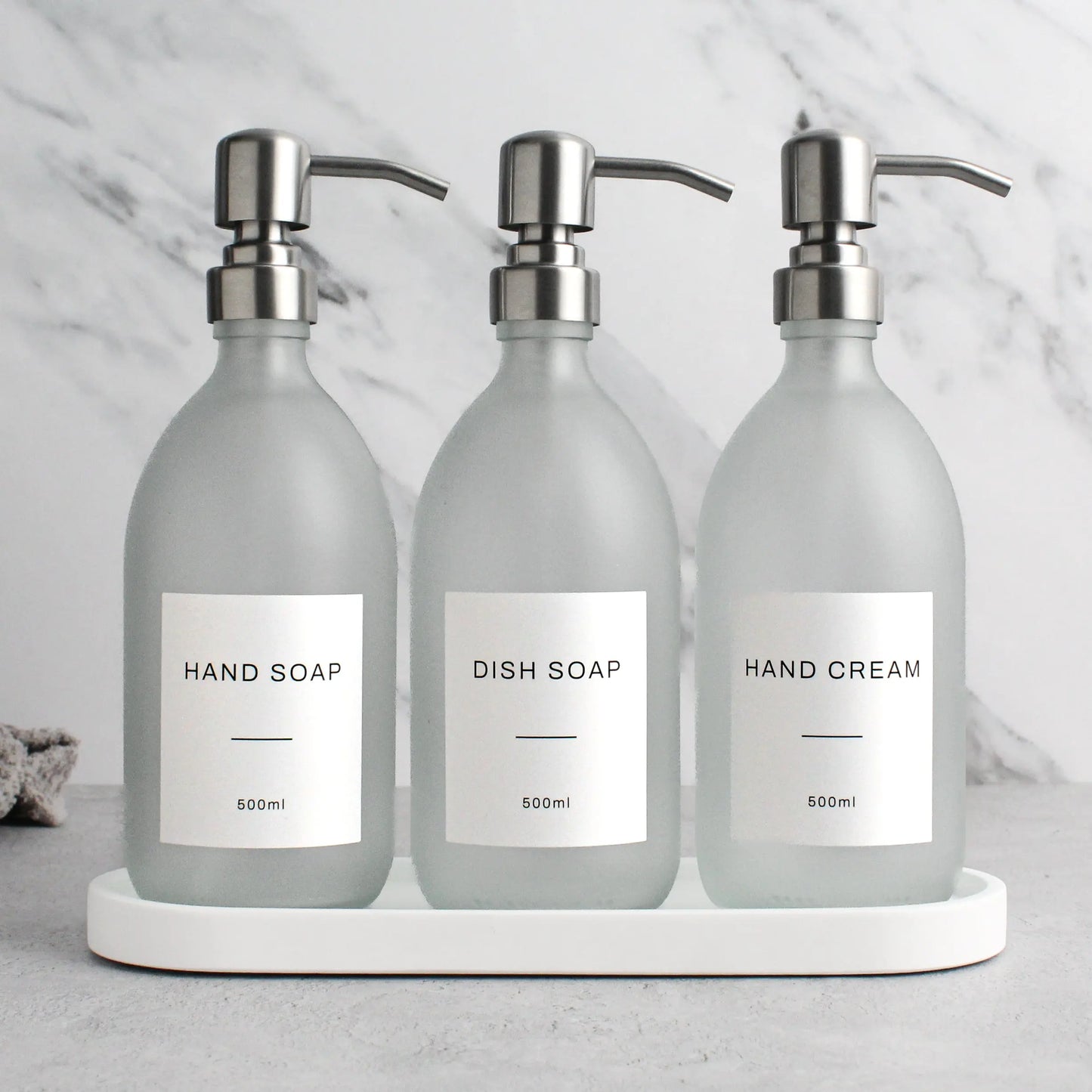 White Tray & Frosted White Dispenser Triple Set Namie Home