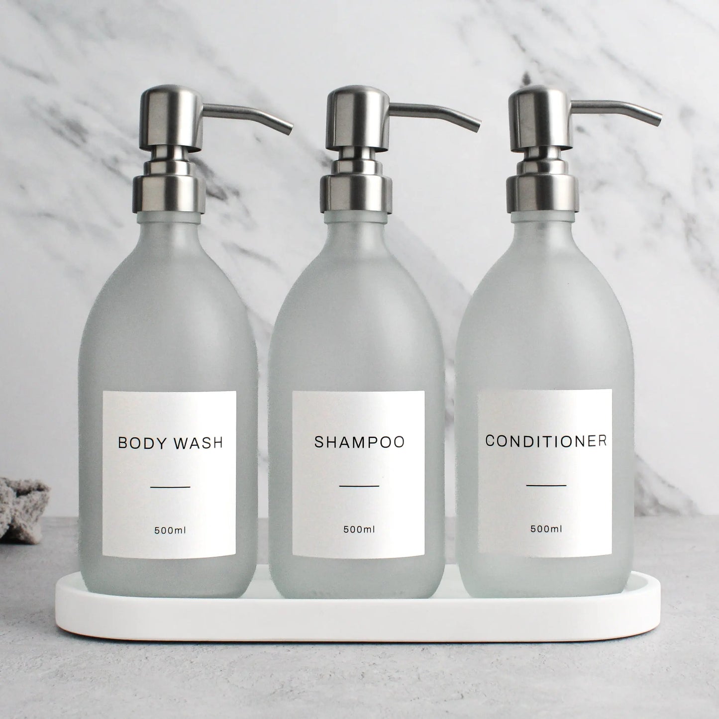 White Tray & Frosted White Dispenser Triple Set Namie Home