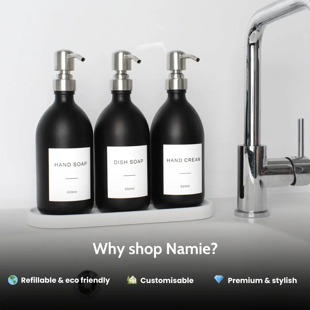 White Tray & Matte Black Dispenser Triple Set Namie Home
