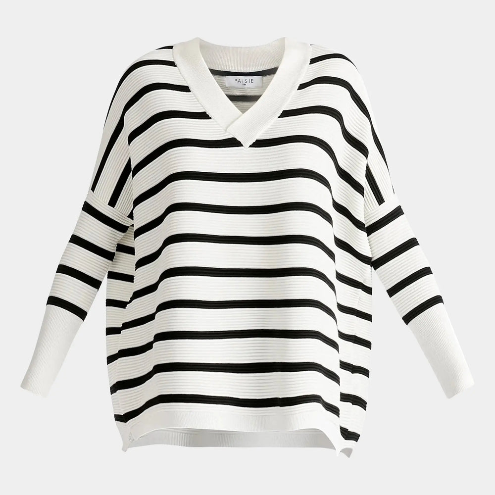 White and Black V-Neck Ribbed Jumper Paisie
