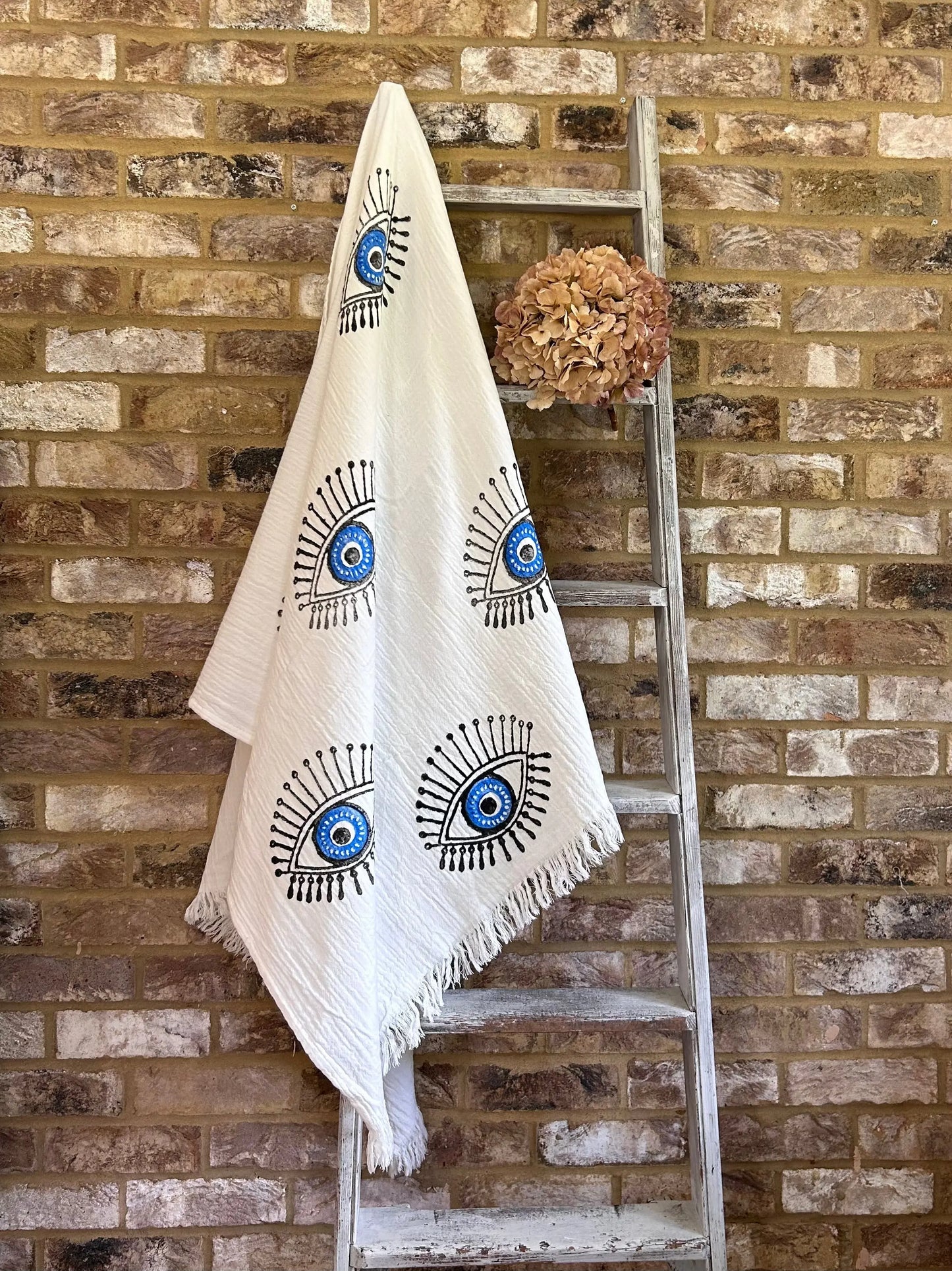 White with Blue Eye Organic Cotton Peshtemal Towel Loome Lifestyle