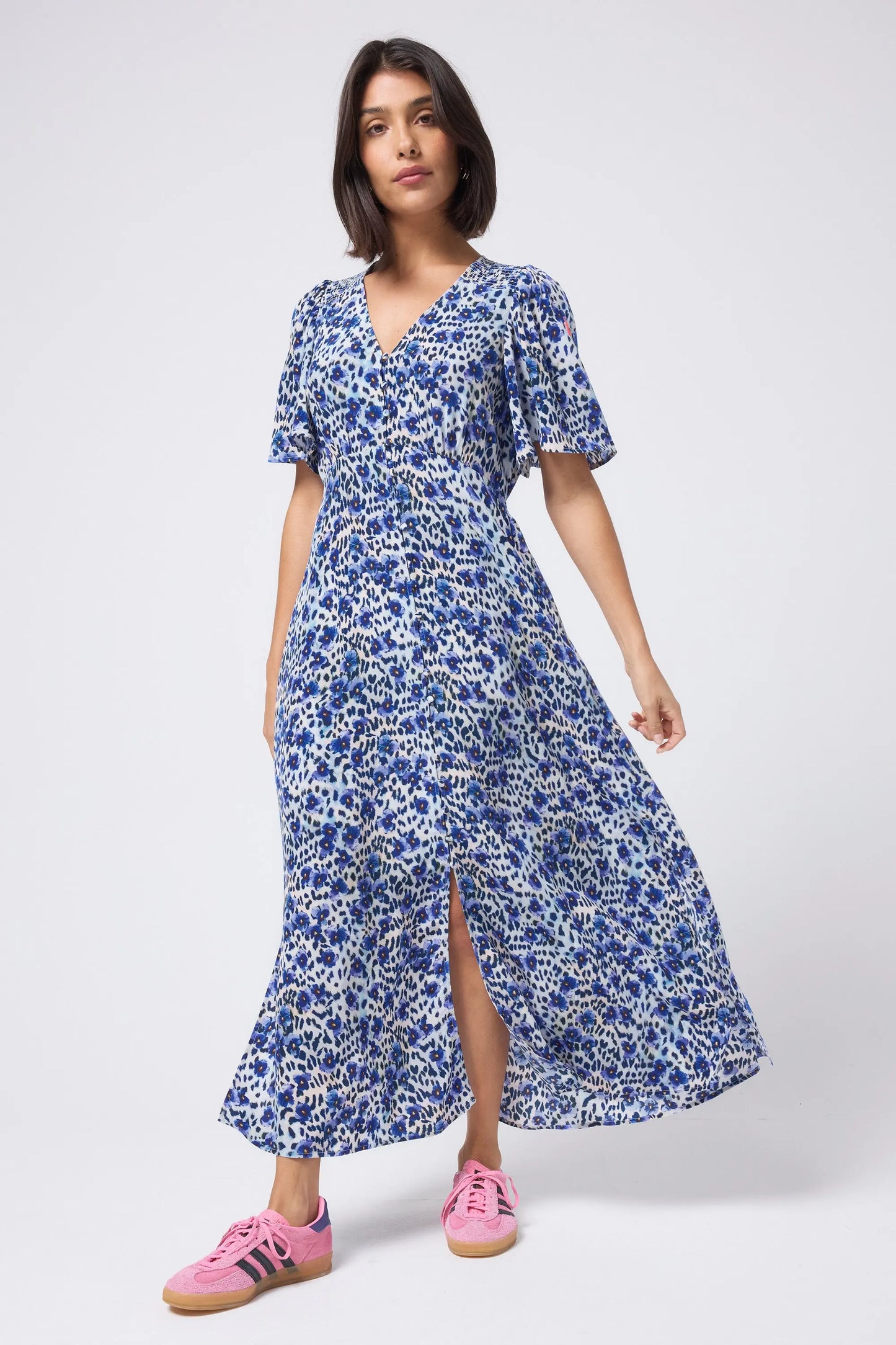 White with Blue Floral Animal Print Angel Sleeve Midi Tea Dress Scamp & Dude