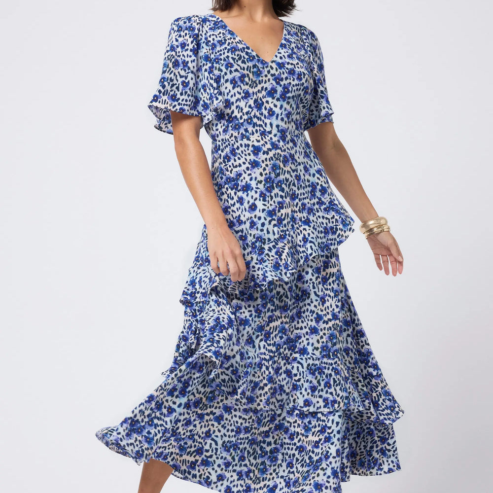 White with Blue Floral Animal Print Ruffle Detail Midi Dress Scamp & Dude