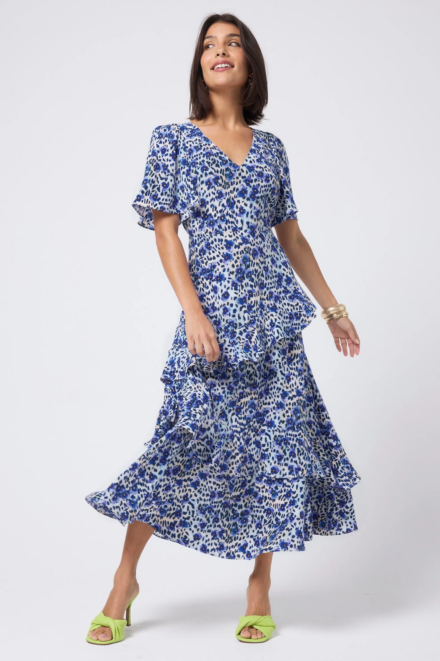 White with Blue Floral Animal Print Ruffle Detail Midi Dress Scamp & Dude